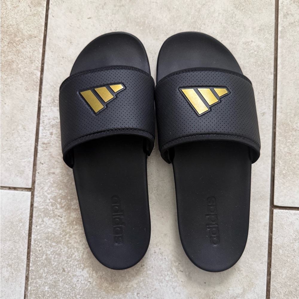 adidas Black Slides with Gold Logo